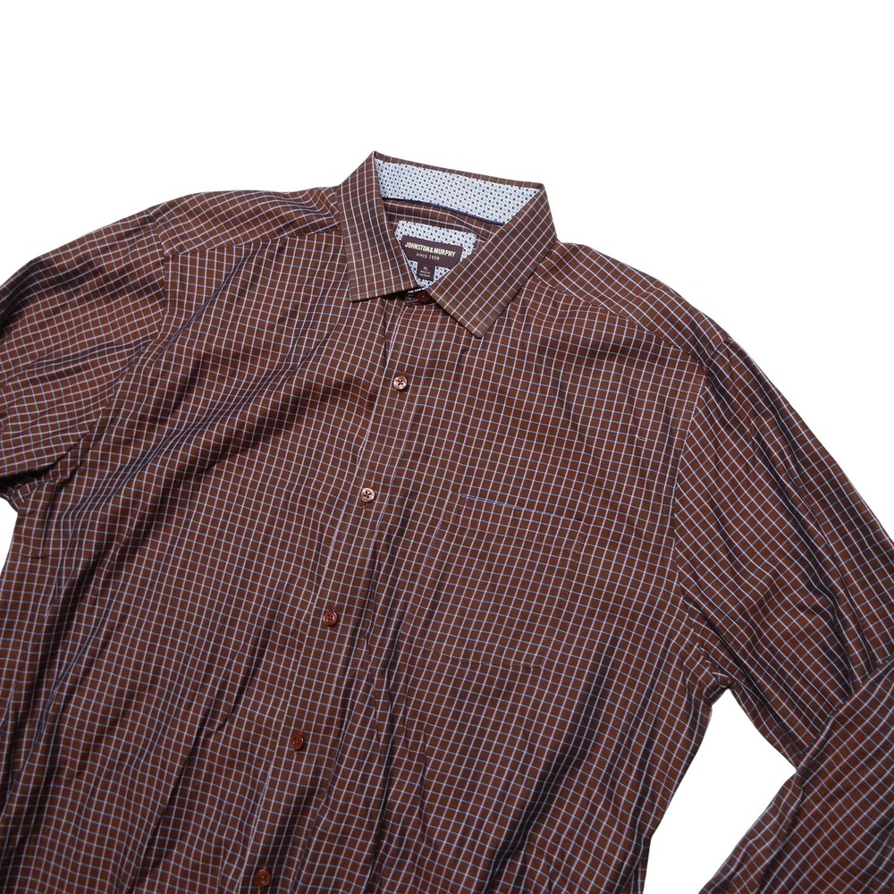 Johnston & Murphy Shirt Mens XL Brown Check Cotton Twill Long Sleeve Dress Shirt